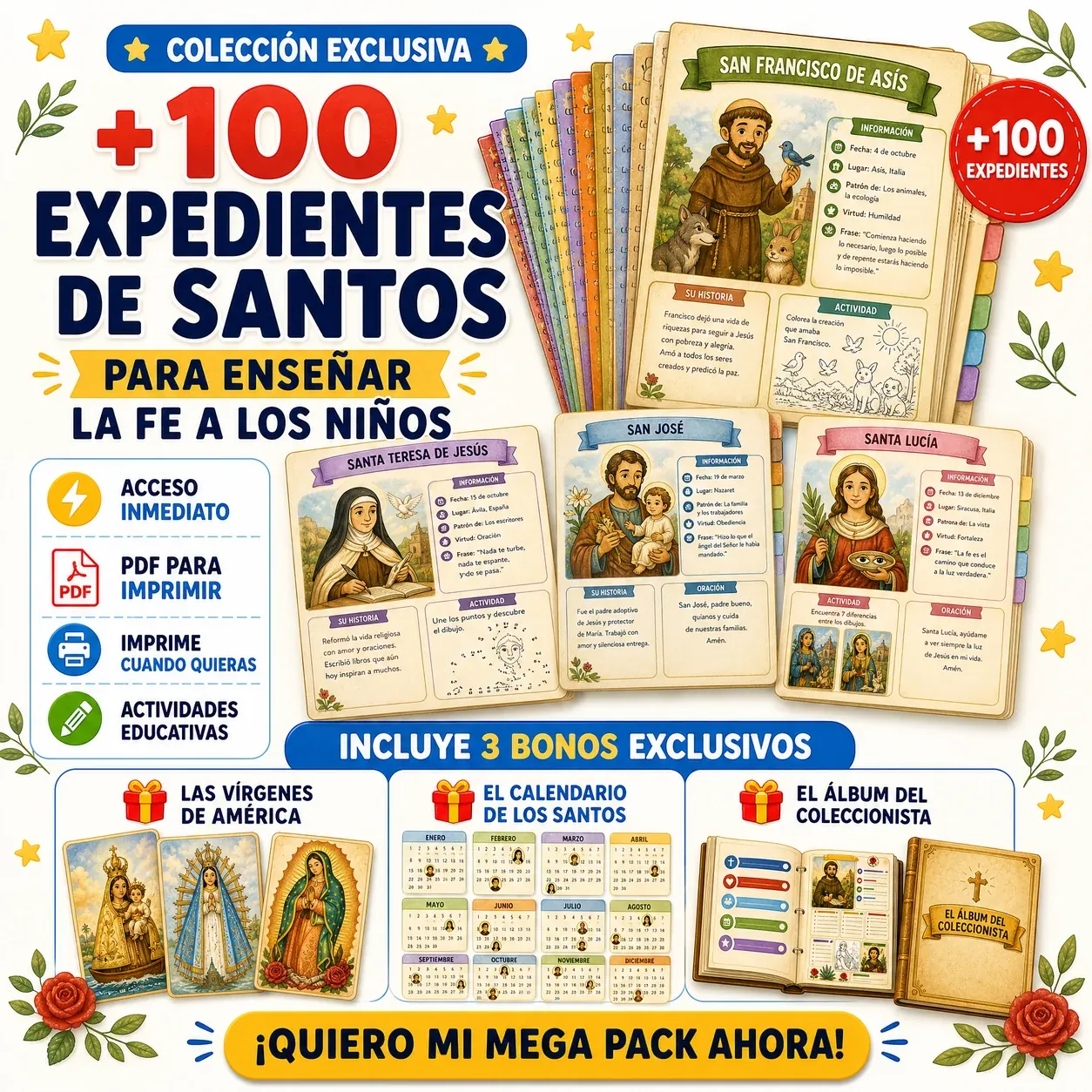 El Códice de los Santos, más de 100 expedientes ilustrados de santos para niños, listos para imprimir